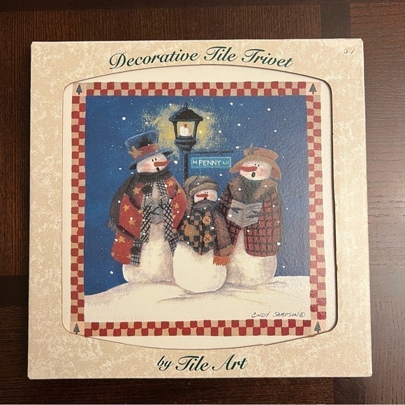 Vintage Christmas Decorative Tile Trivet Snowman Family - Picture 9 of 9